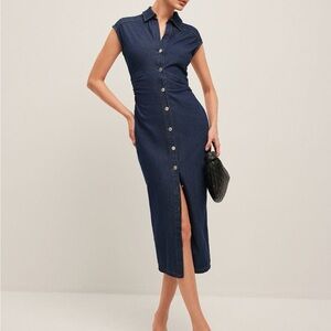 Commense V-Neck Navy Denim Button Down Sleeveless Midi Dress  Small